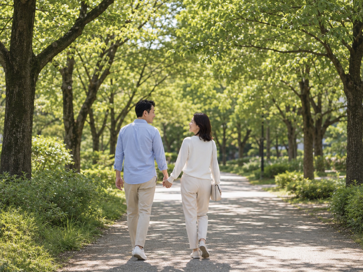 手をつないで歩く夫婦